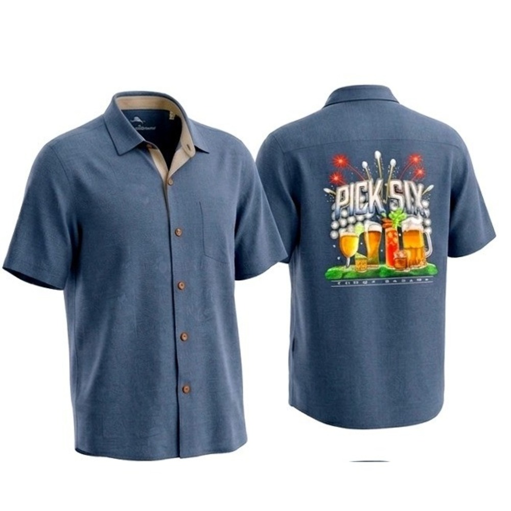 Tommy Bahama Silk Shirt Mens Large Blue NWT Pick Six Beer Cocktails Graphic